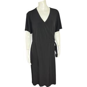 Susan Graver Tall Liquid Knit Faux Wrap Dress Black Tall Medium Short‎ Sleeve